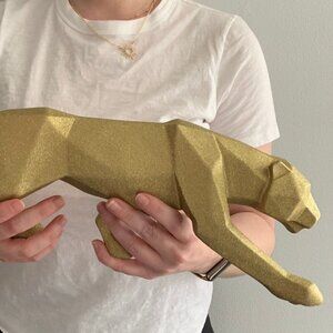 Resin Sculpture Gold Panther Glitter Sparkle Shiny Statue Home Office Decor